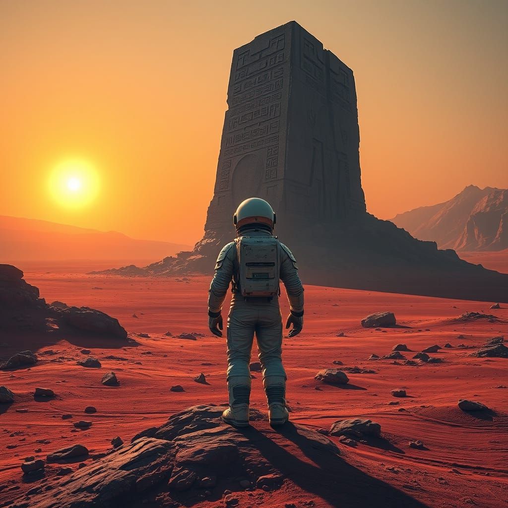 Astronaut on Mars Monolith in Photorealistic Sci-Fi Style