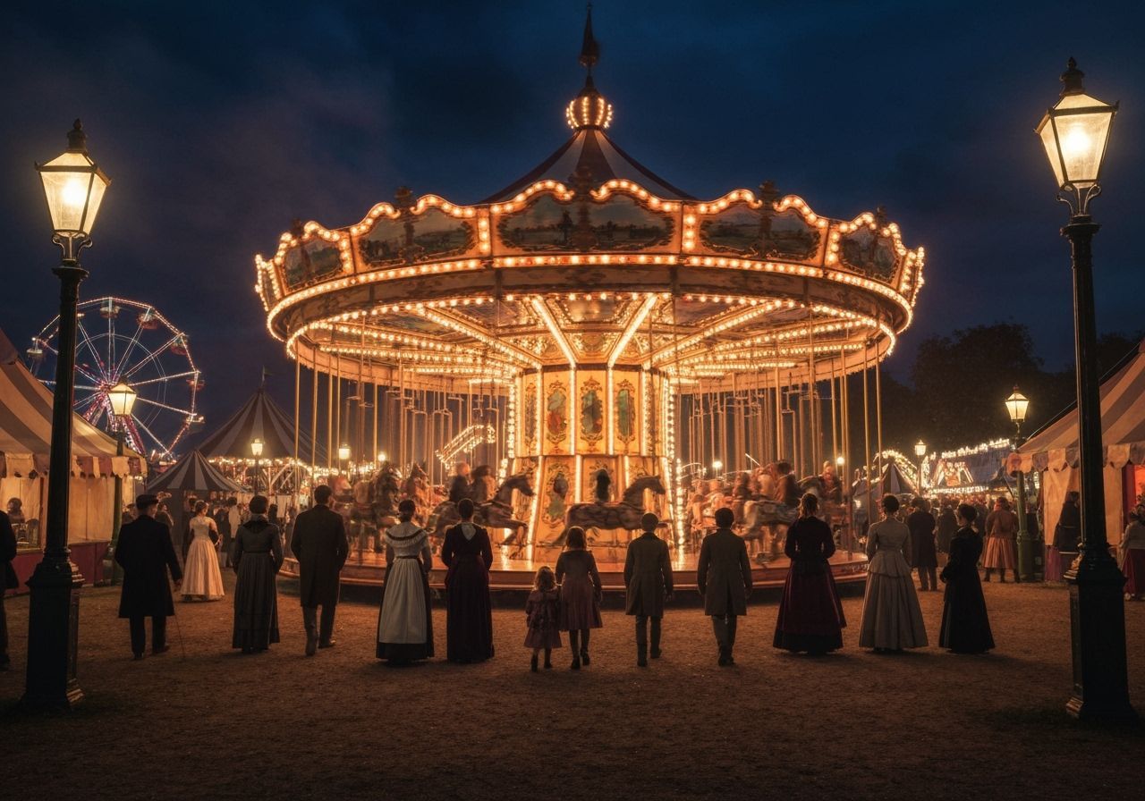 Victorian London Fairground Carousel at Night