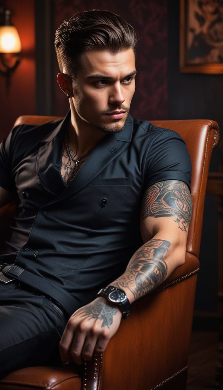 Surreal Mafia Boss Leans Back in Chair, Soft Watercolor Anim...