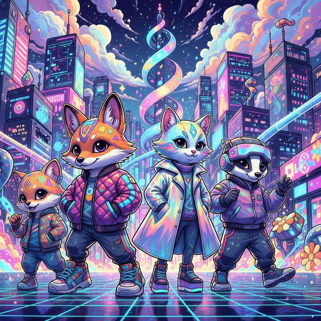 Trendy Animal Characters in Futuristic Neon Environment