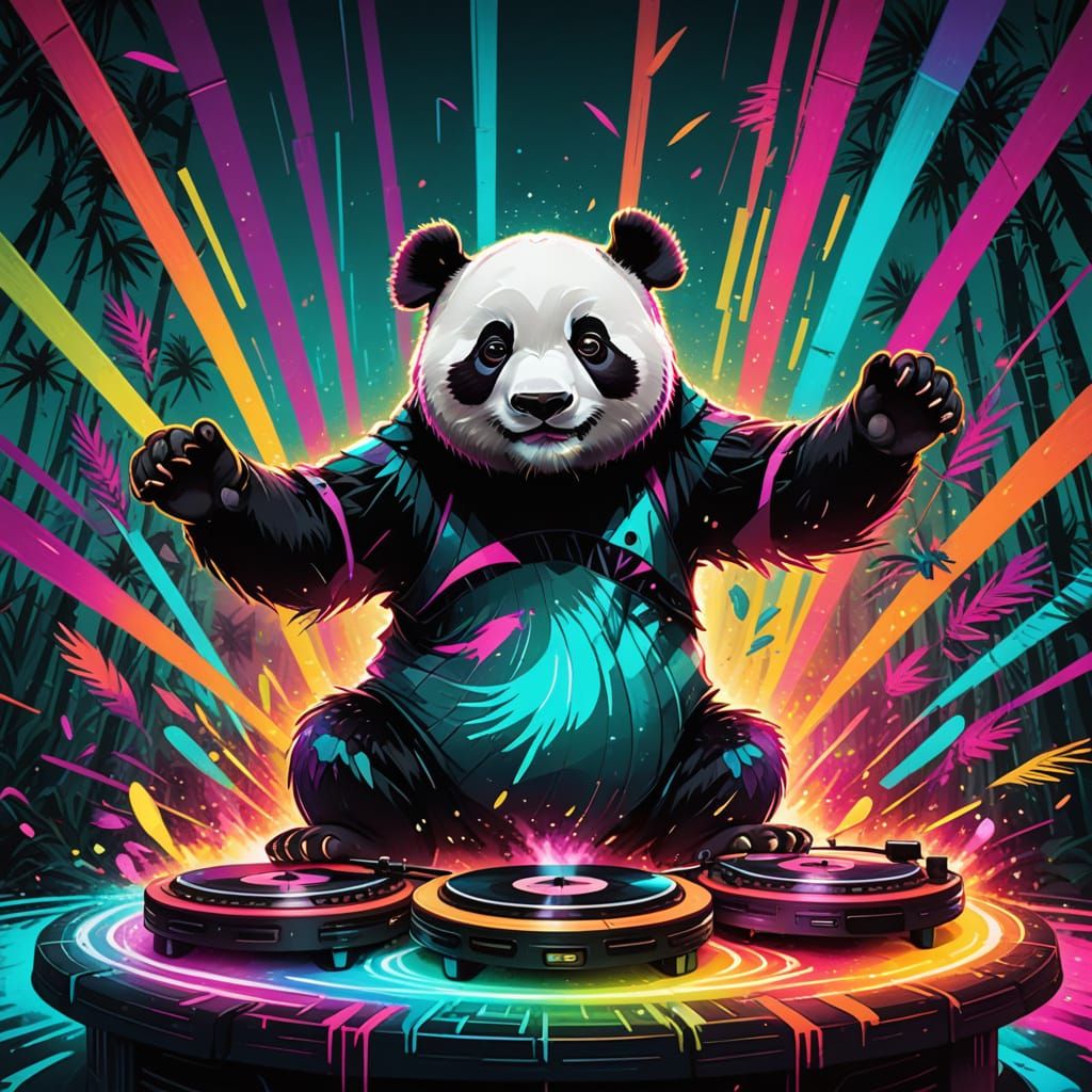 Dancing Panda DJs on Bamboo Stages in Splash Art Style