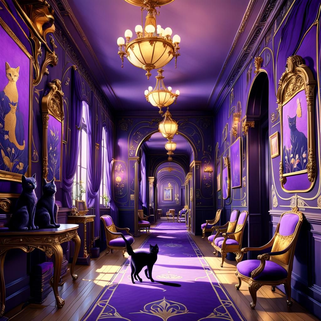 Art Nouveau Corridor with Colorful Cats