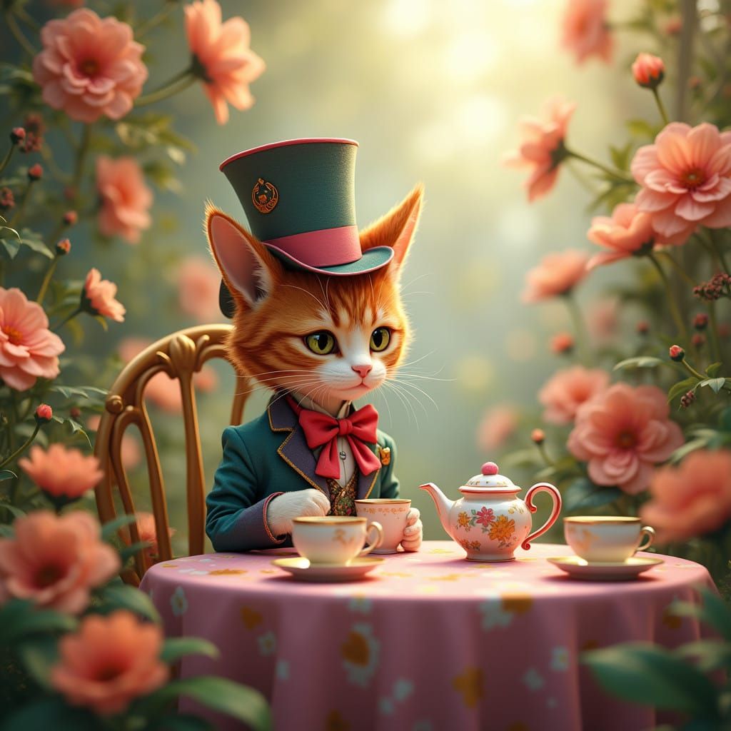 Whimsical Feline Mad Hatter in Vibrant Fantastical Garden