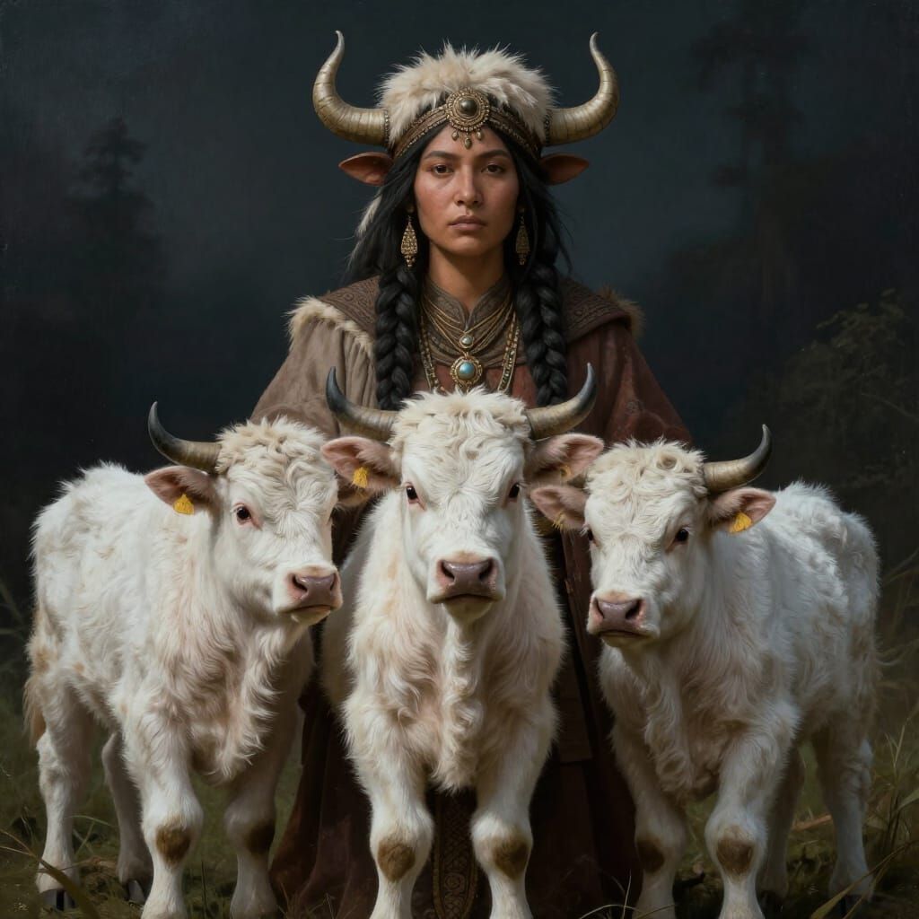 White Buffalo Calf Woman with Three Calves in Fantasy Art