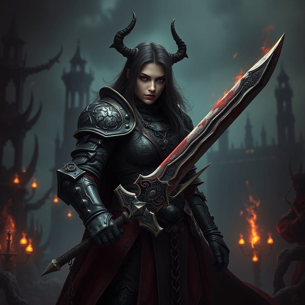 Dark Female Paladin in Ornate Armor, Fantasy Art