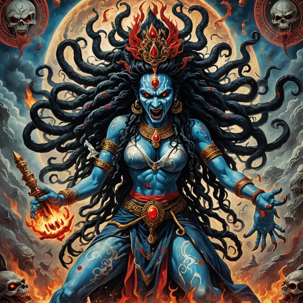 Kali Goddess of Destruction Dancing in Cosmic Chaos
