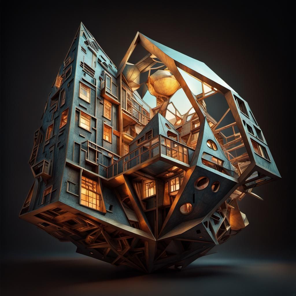 Steampunk Sculpture in Surreal Geometric Watercolor Style
