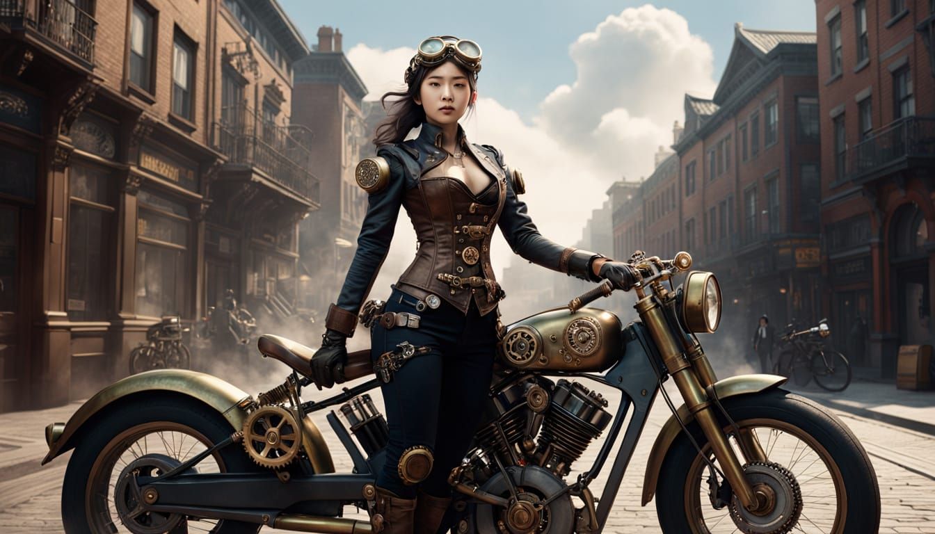 Steampunk Woman on Motorcycle in Vintage City