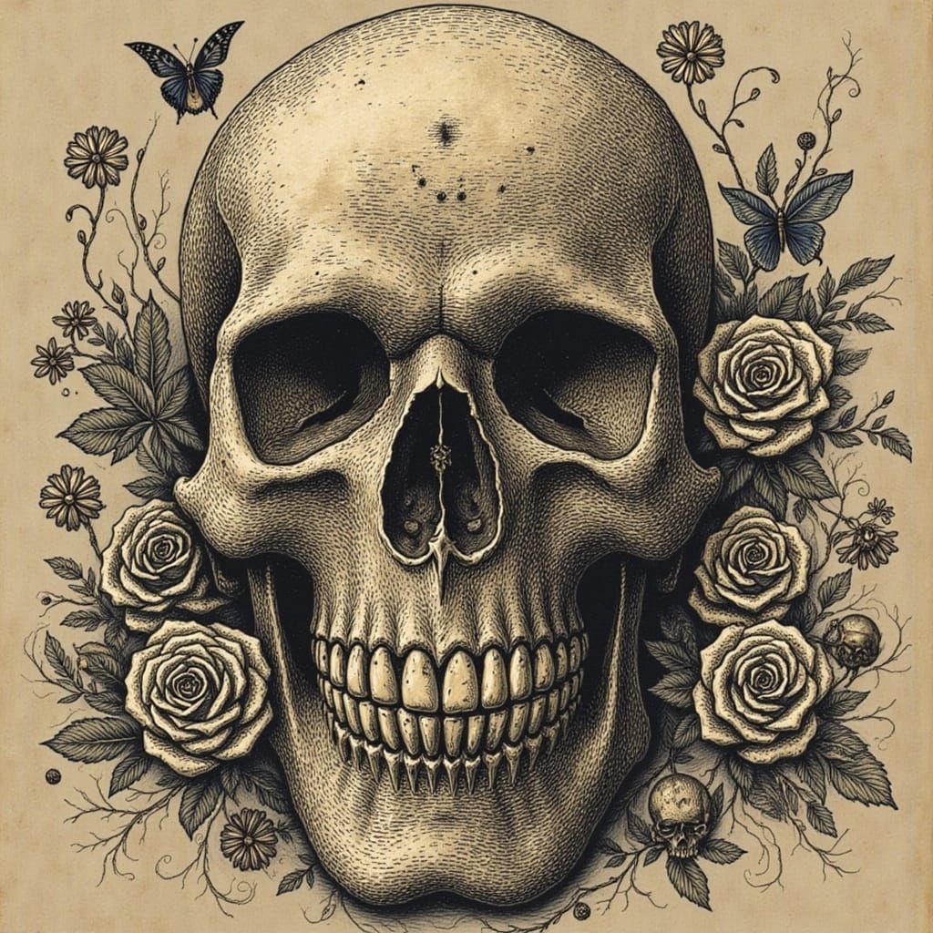Intricate Skull Art with Voodoo and Skeleton Elements