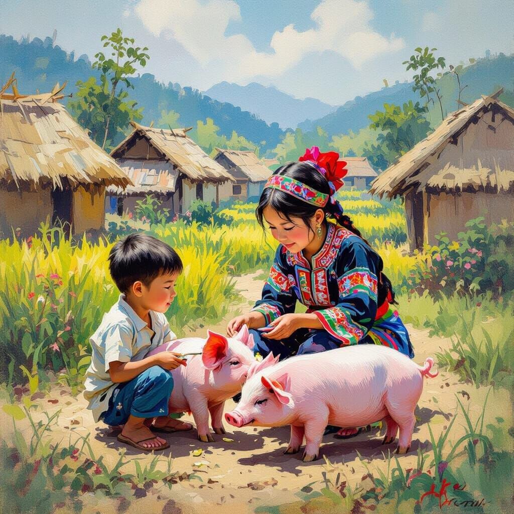 Hmong Child Feeds Piglet: Impressionist Village Scene