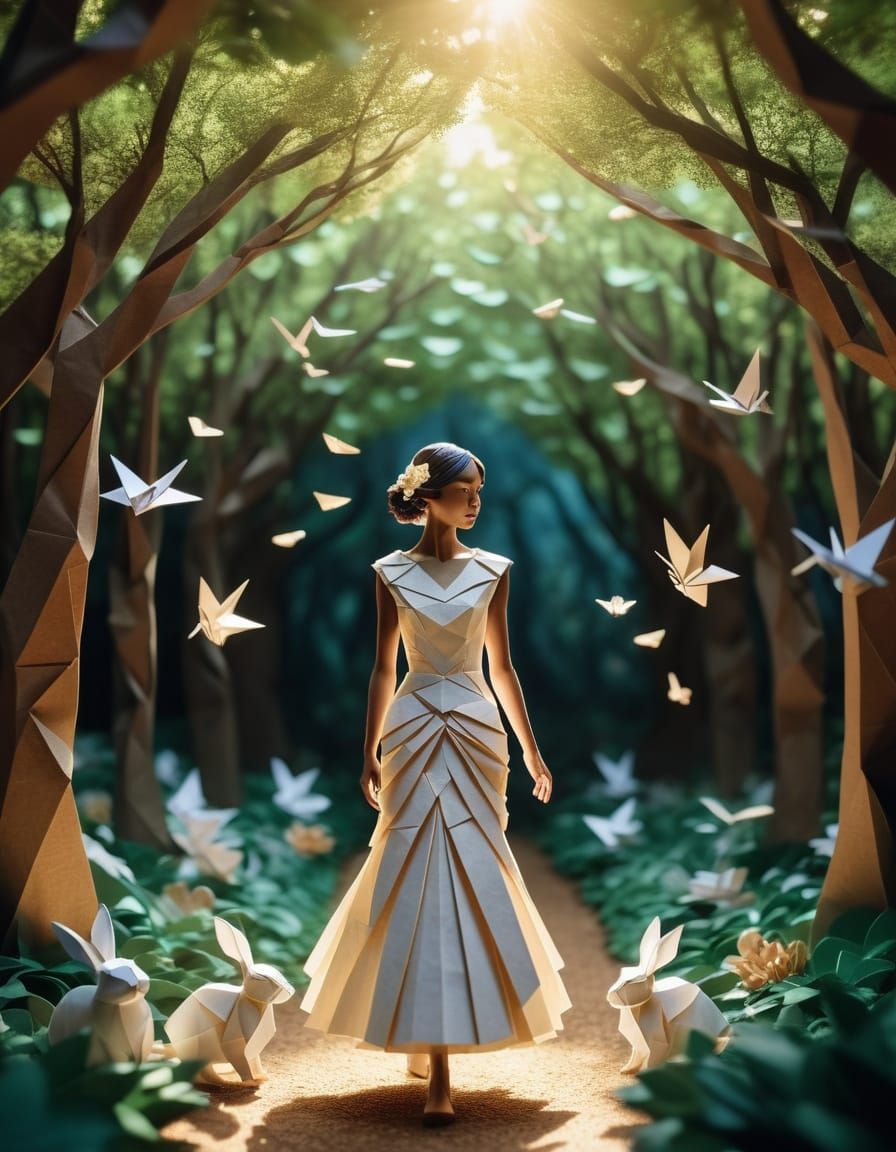 Beautiful Woman in Eden Forest, Origami Art Style