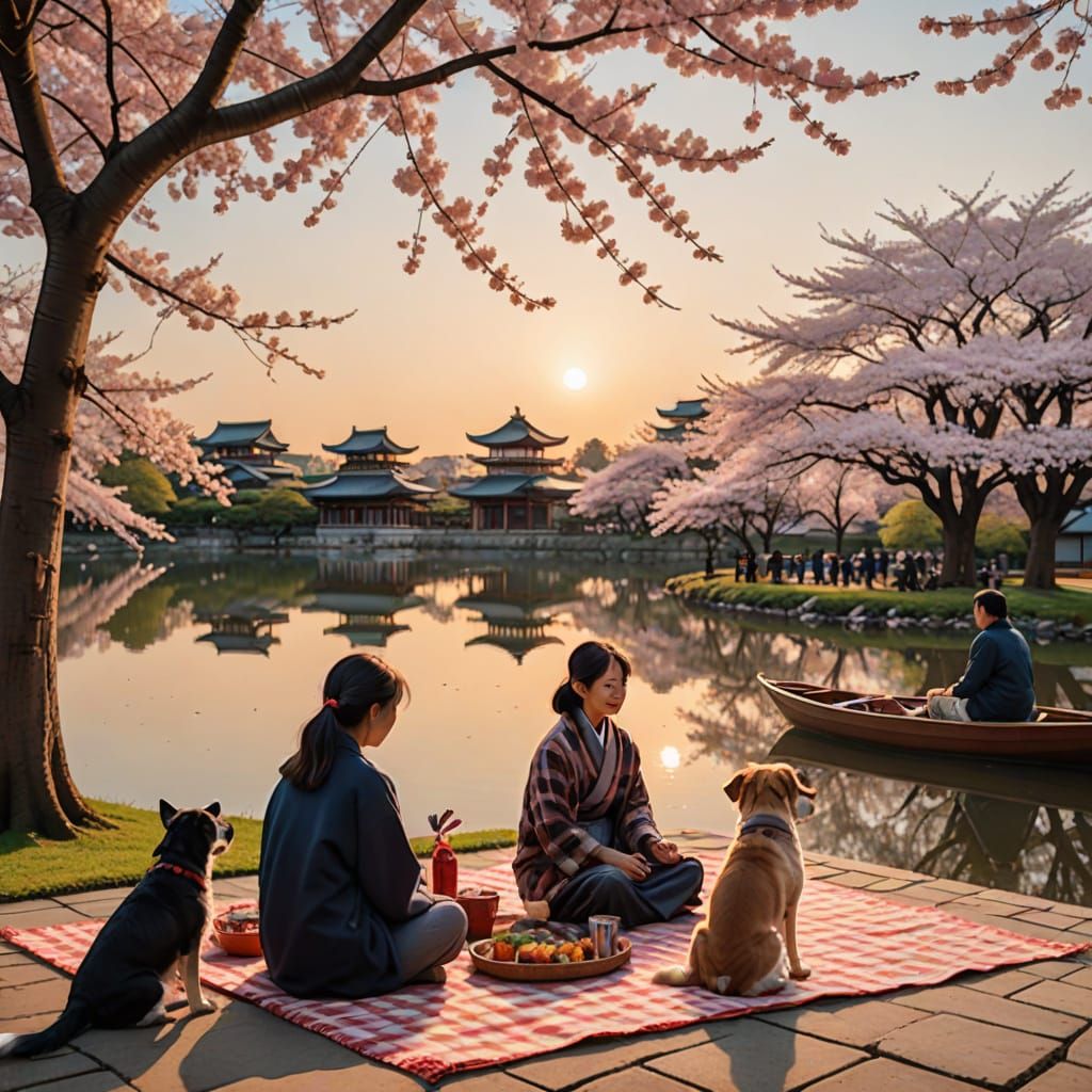 Asian Picnic Scene at Golden Hour