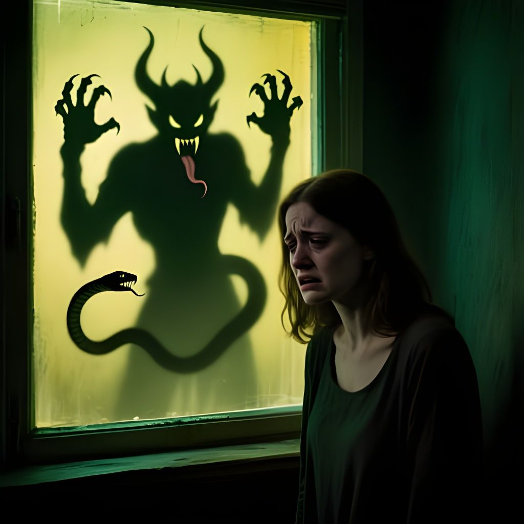 Demon Shadow on Window, Woman's Face in Distress