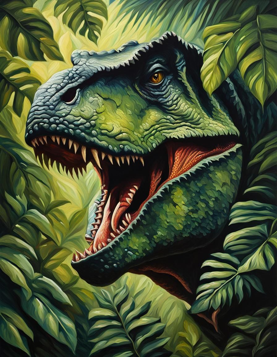 Tyrannosaurus Rex in Golden Jungle Glow, Oil Painting