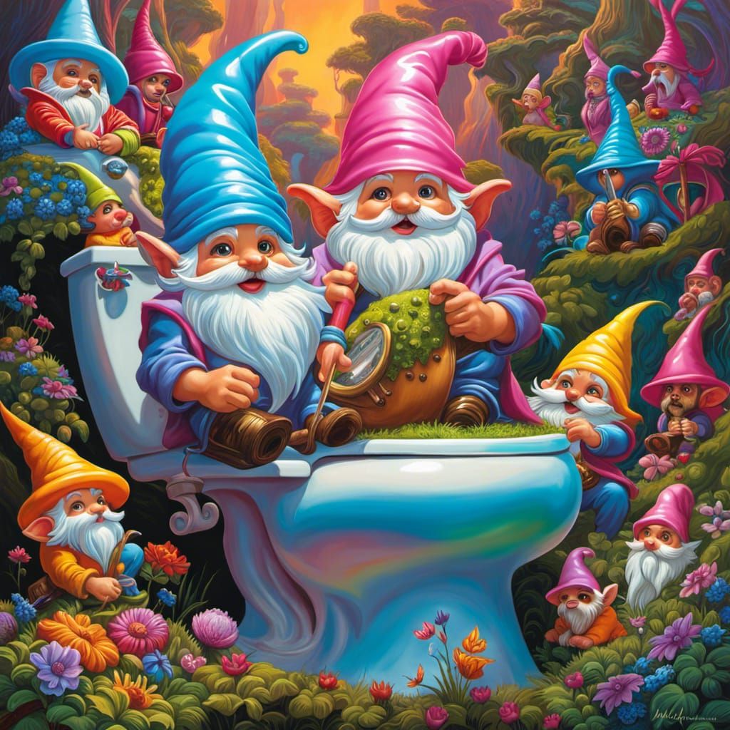 Gnome on Toilet in Psychedelic Fantasy Style