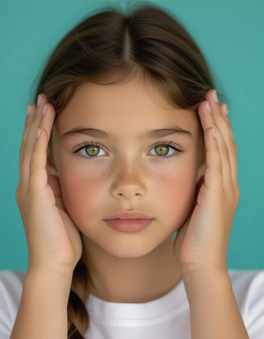 Striking Portrait: Girl Framed by Bright Hands
