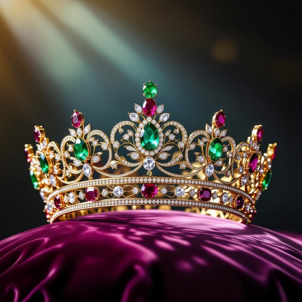 Regal Queen's Crown with Gemstones on Velvet Cushion