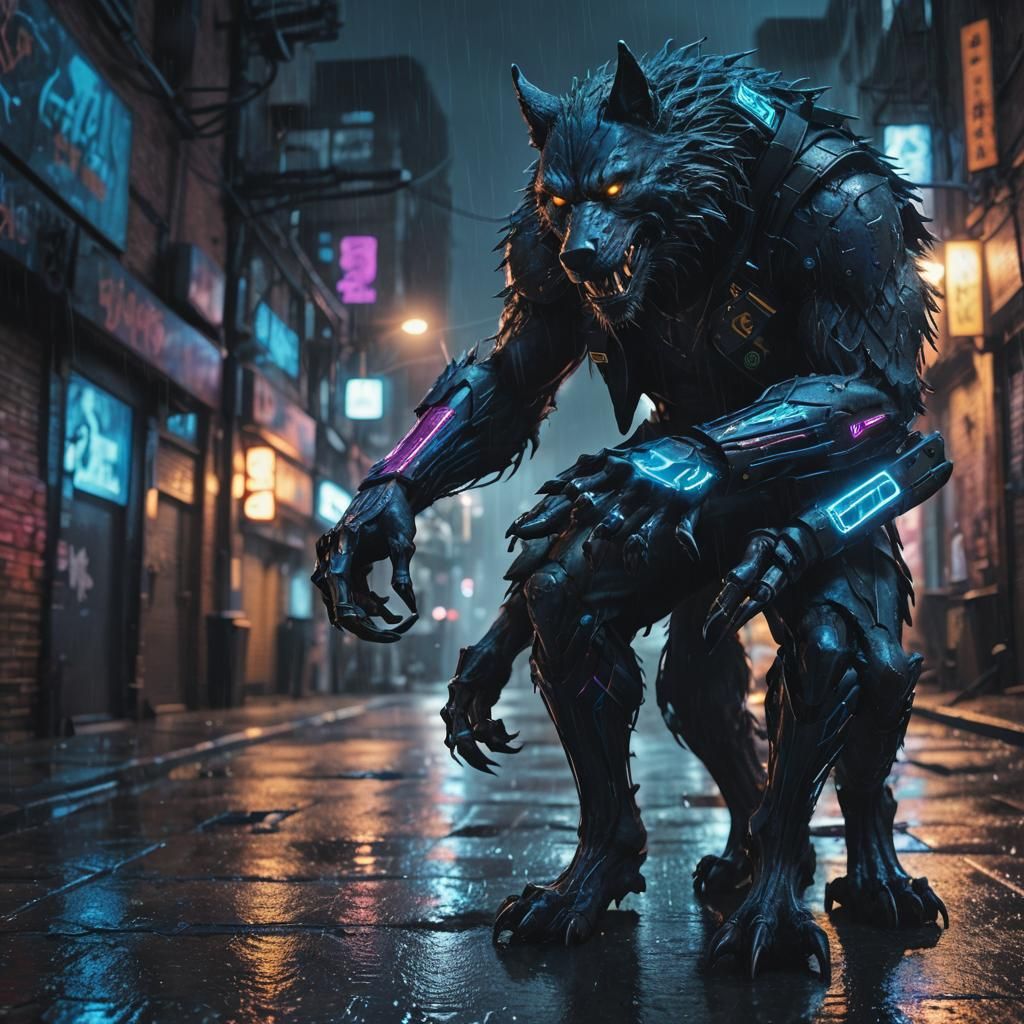 Cyberpunk Werewolf in Neon Alleyway