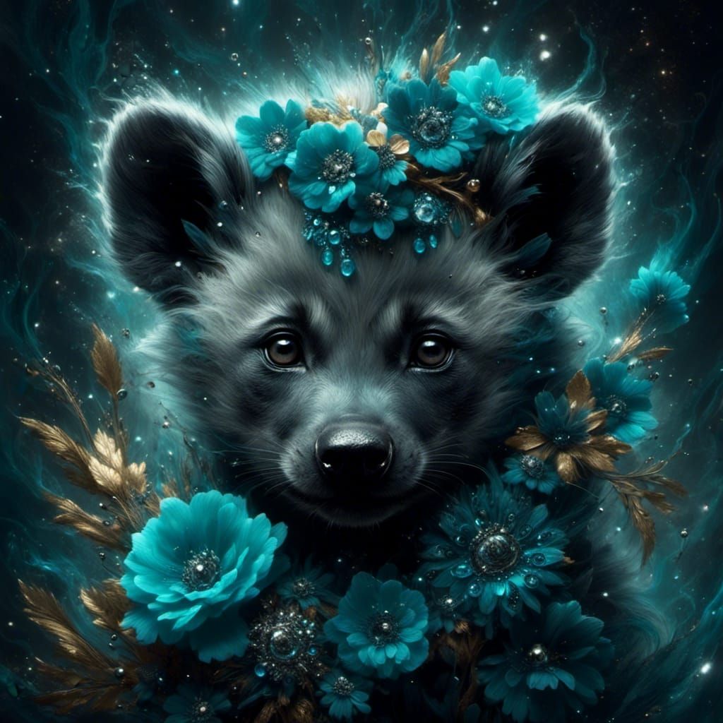 Mystic Baby Hyena Under a Starry Night Sky