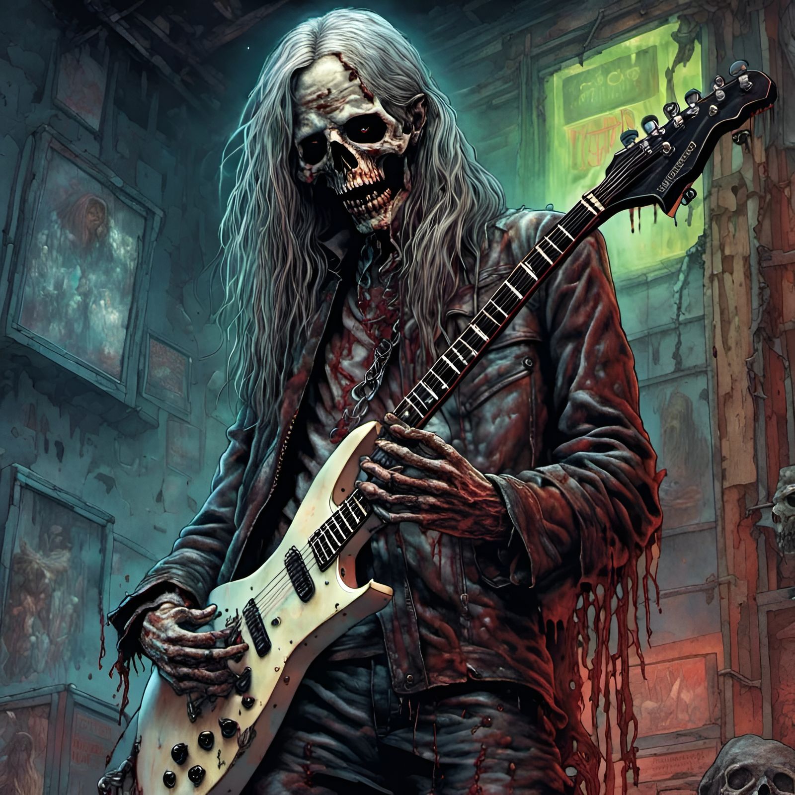 Zombie Rocker with Guitar in Creepy Magazine Style
