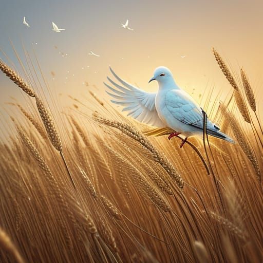 Ethereal White Dove Ascends Through Golden Wheat Field