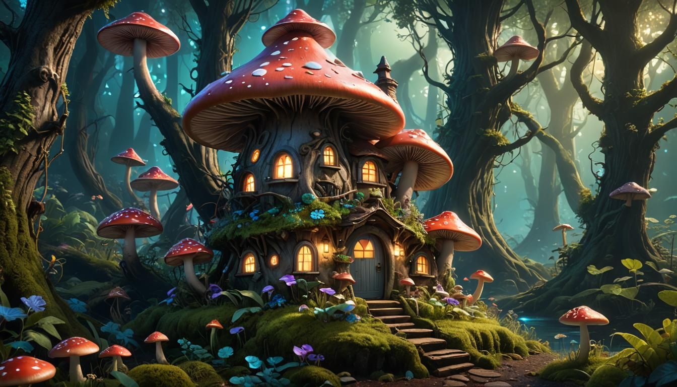 Enchanted Fairy Mushroom House in Bioluminescent Forest