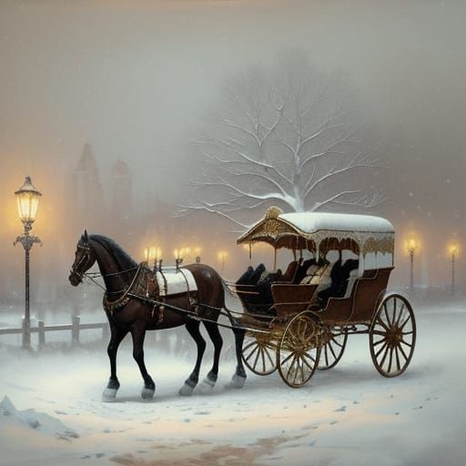 Elegant Horse and Carriage in a Snowy Victorian Landscape