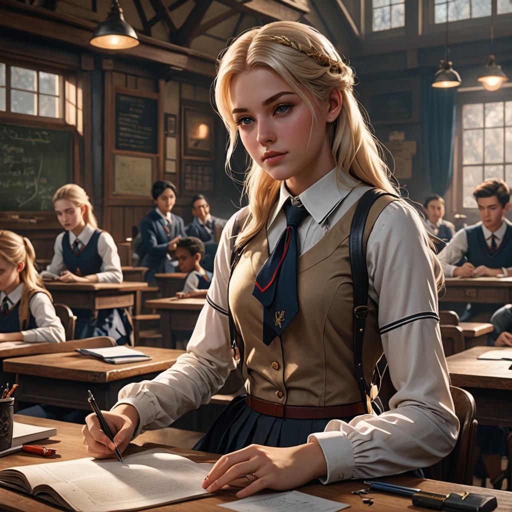 Blonde Schoolgirl in Class: Detailed Matte Painting