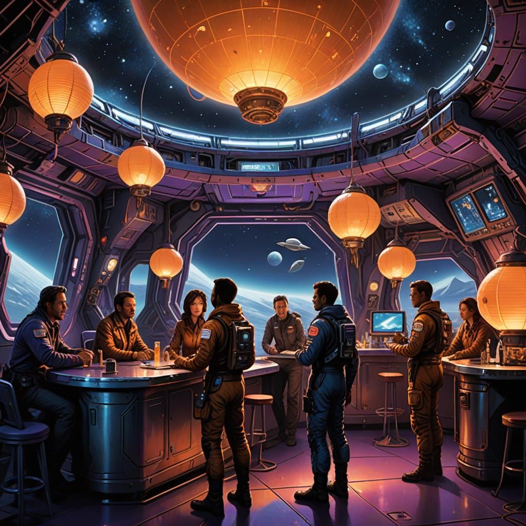 Bustling Spaceport at the Galactic Fringe in a Vibrant, Star...