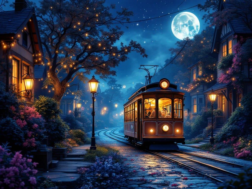 Moonlit Streetcar in Whimsical Suburban Wonderland