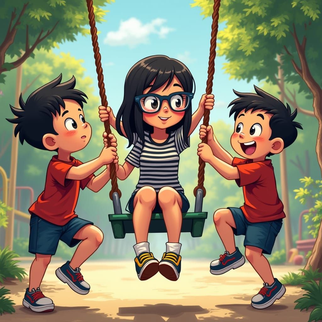 Whimsical Playground Scene with Boys and Teacher