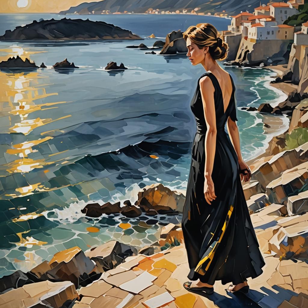 Woman in Black Dress: Gouache Painting with Impasto Textures