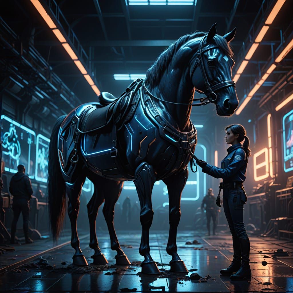 Small horsewoman holding a very large horse