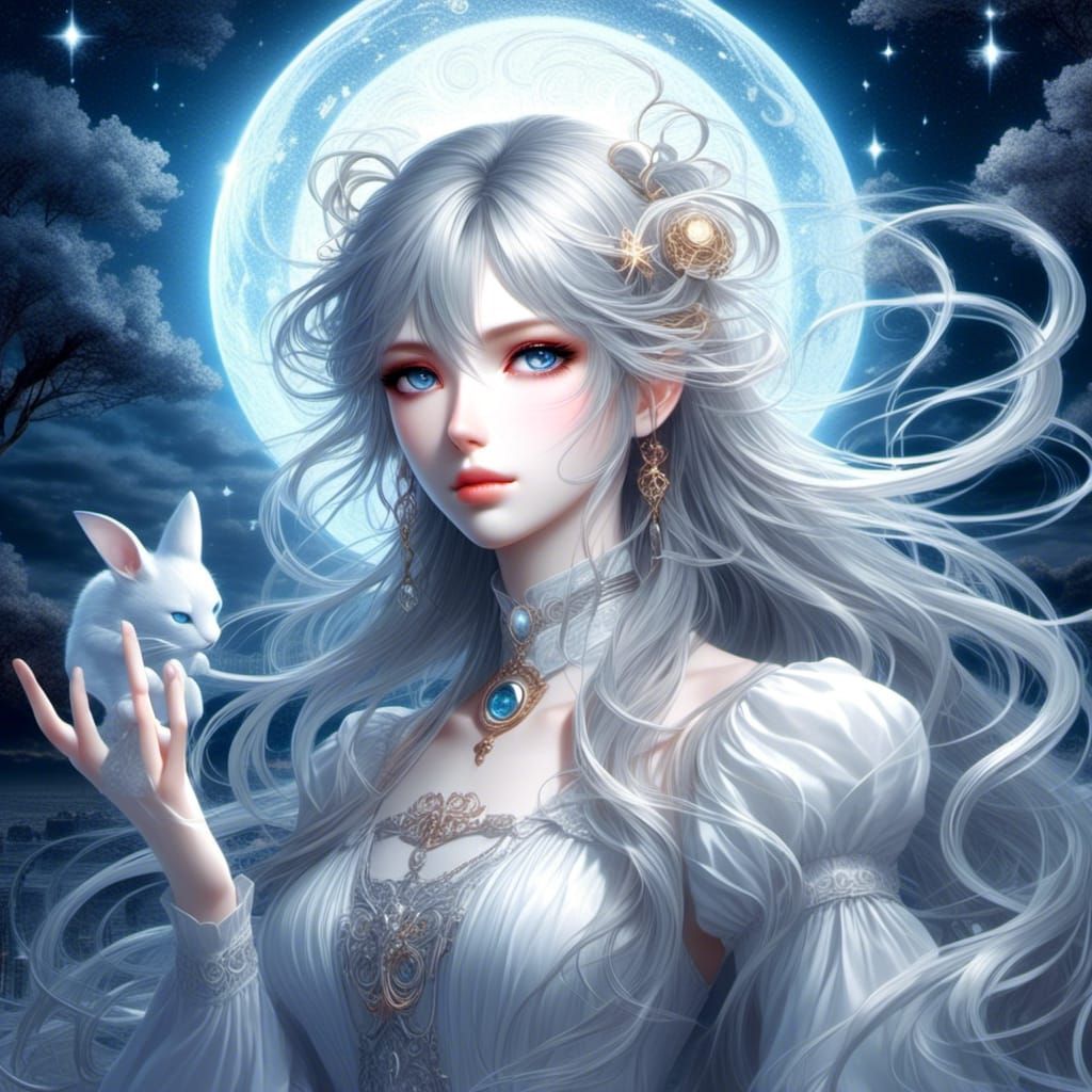 Magical Girl Summons Celestial Creature in Anime Style