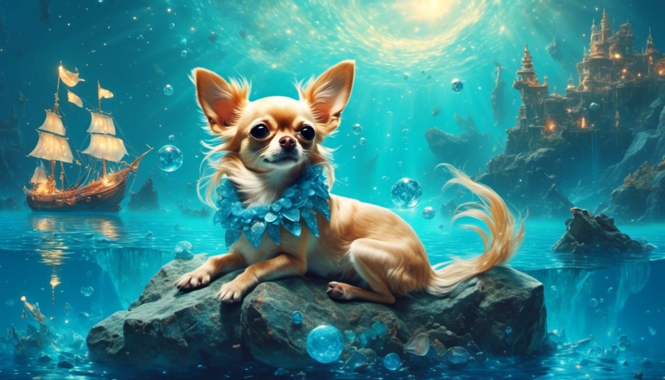 Chihuahua Mermaid Sings to Ship on Rocks