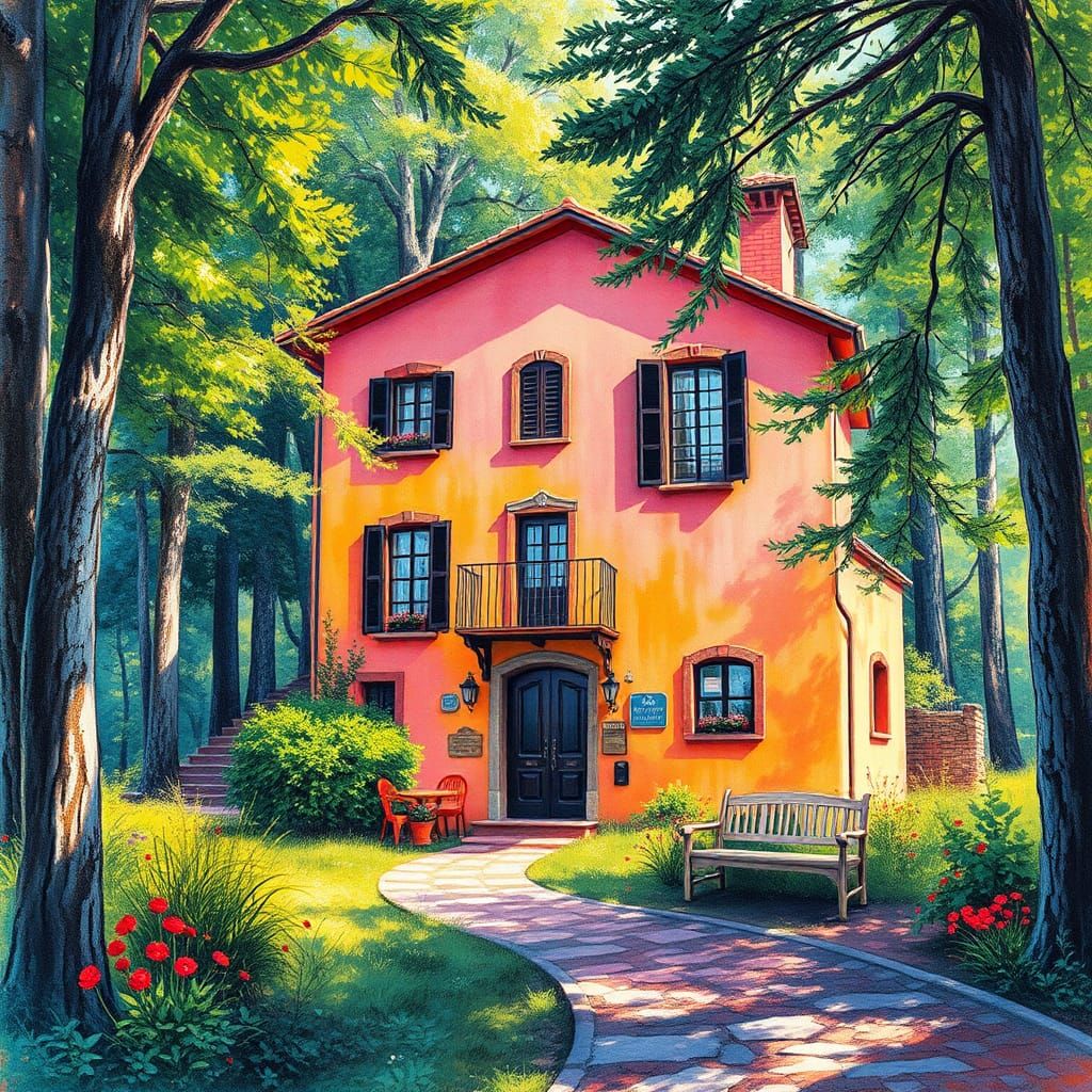 Italian B&B in Forest Clearing: Naive Pastel Drawing