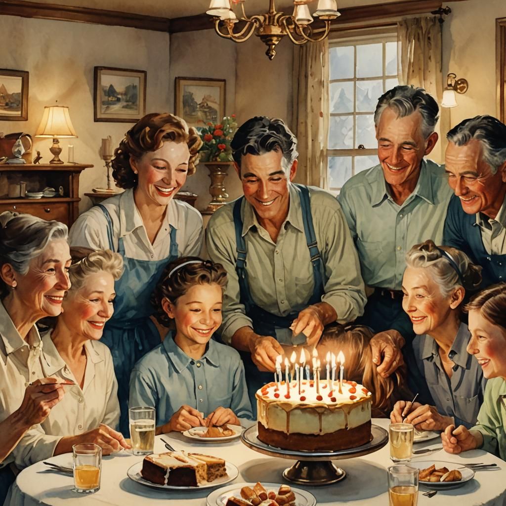 Family Birthday Celebration in Norman Rockwell Style