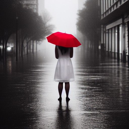 Woman with Red Umbrella in Rainy City Photo