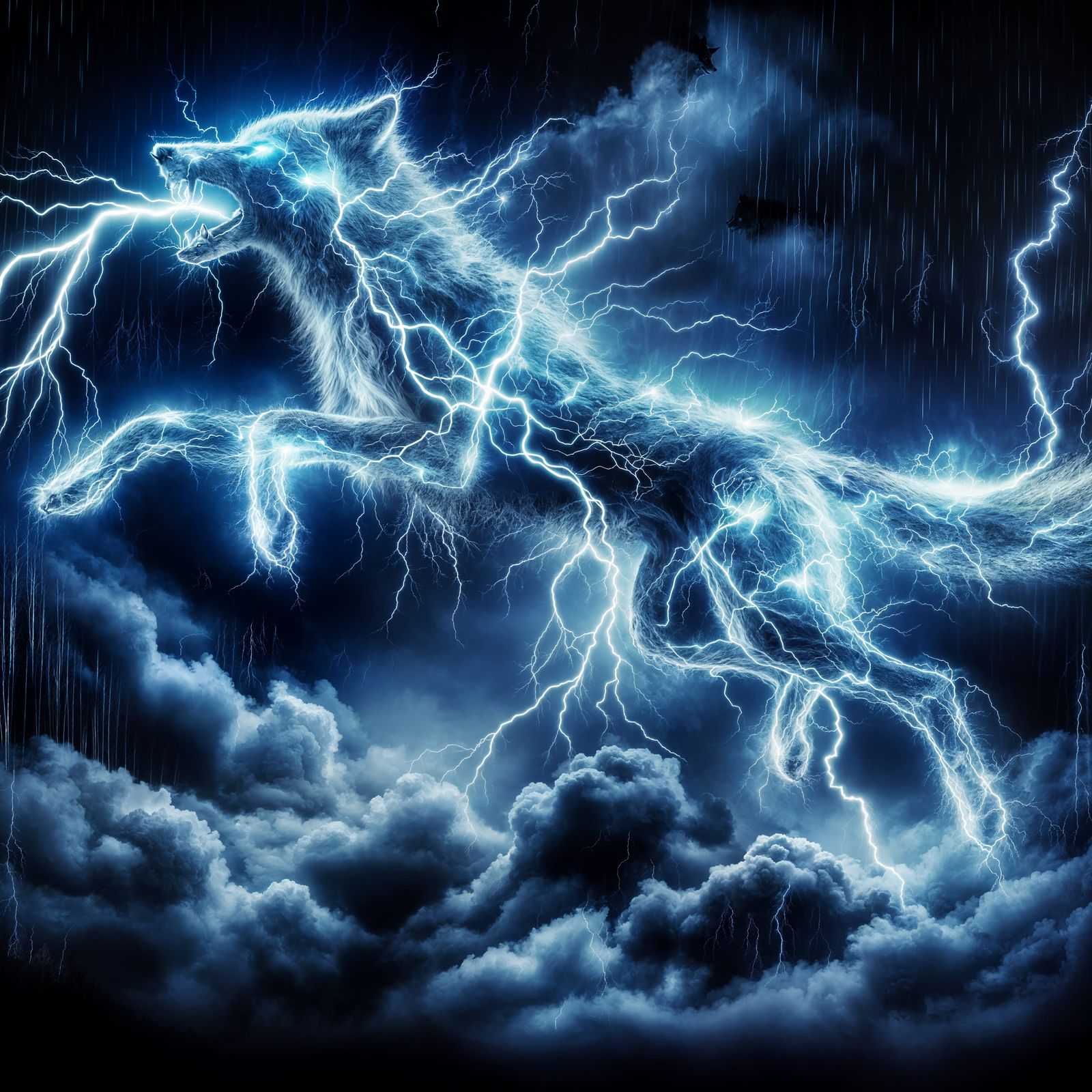 Majestic Lightning Wolf Roars During Thunderstorm