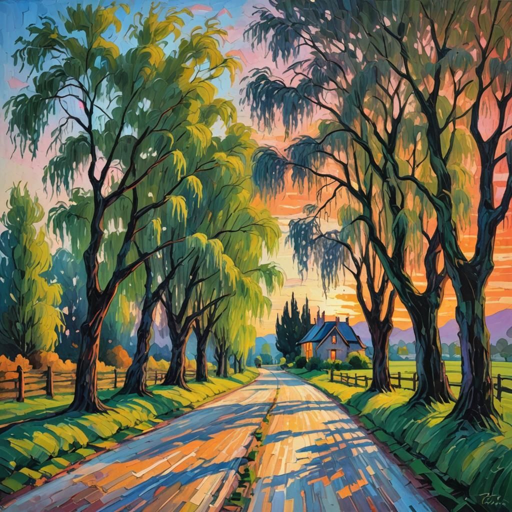 Surreal Sunset: Weeping Willows in Expressionist Oil Paintin...