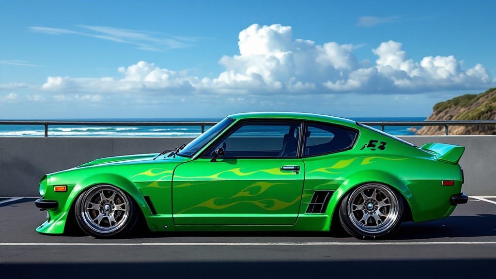 1973 Mazda RX3 green with  flame vinyls, a subtle spoiler ki...