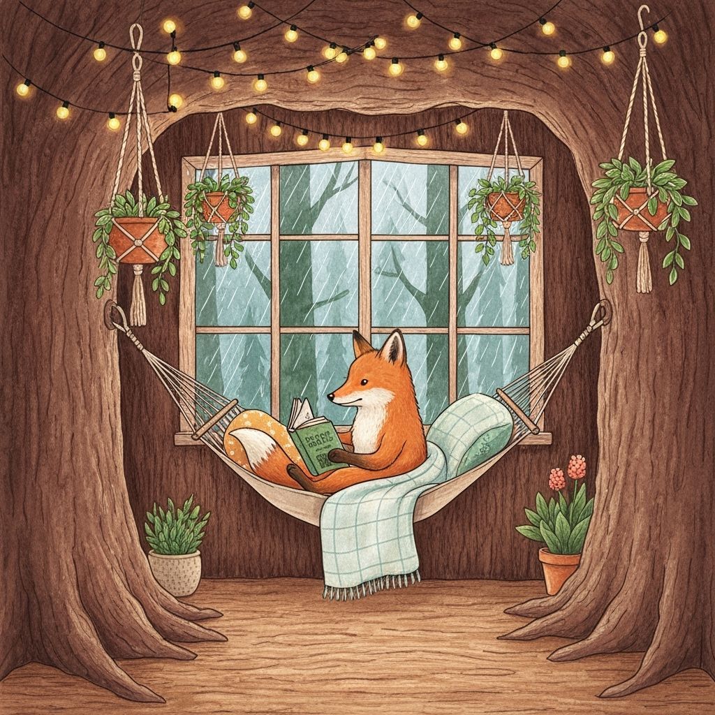 Cozy Fox Reading in Tree Stump Home