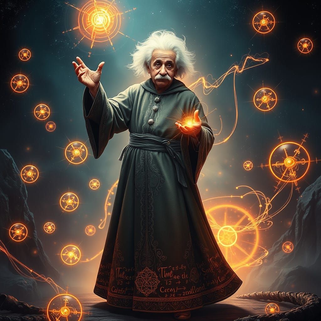 Einstein as Quantum Sorcerer in Mystical Realm of Glowing Or...