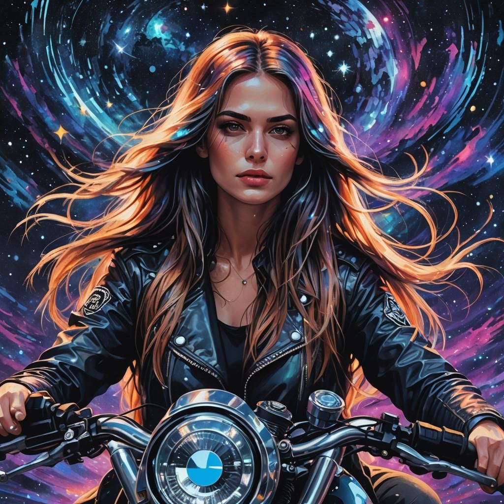 BMW Motorcycle Girl in Starry Night: Astral Illustration
