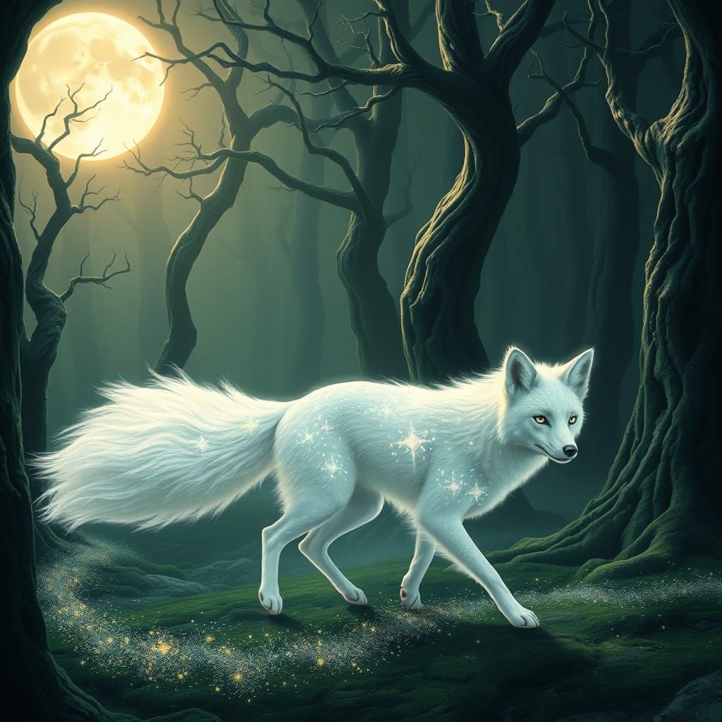 Celestial White Fox in a Moonlit Forest