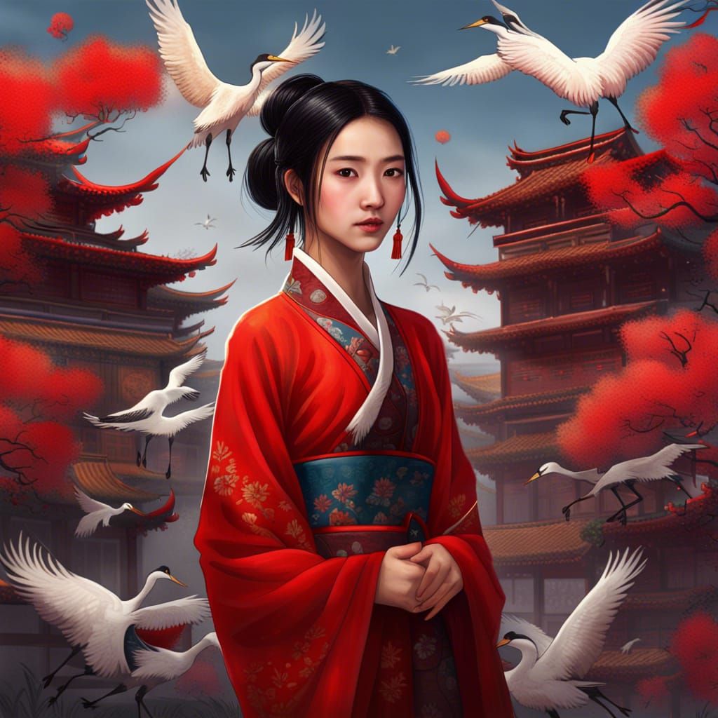 Chinese Girl with Cranes in Fantasy Concept Art