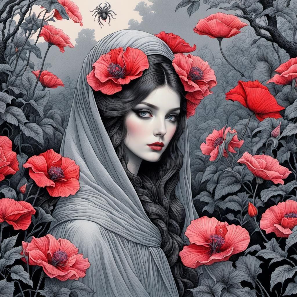 Ethereal Woman with Flowers in Fine Art Etching Style