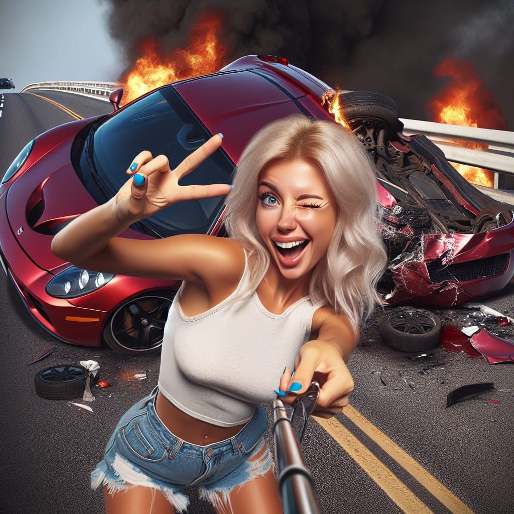 Charming Californian Girl Winks in Car Crash Chaos