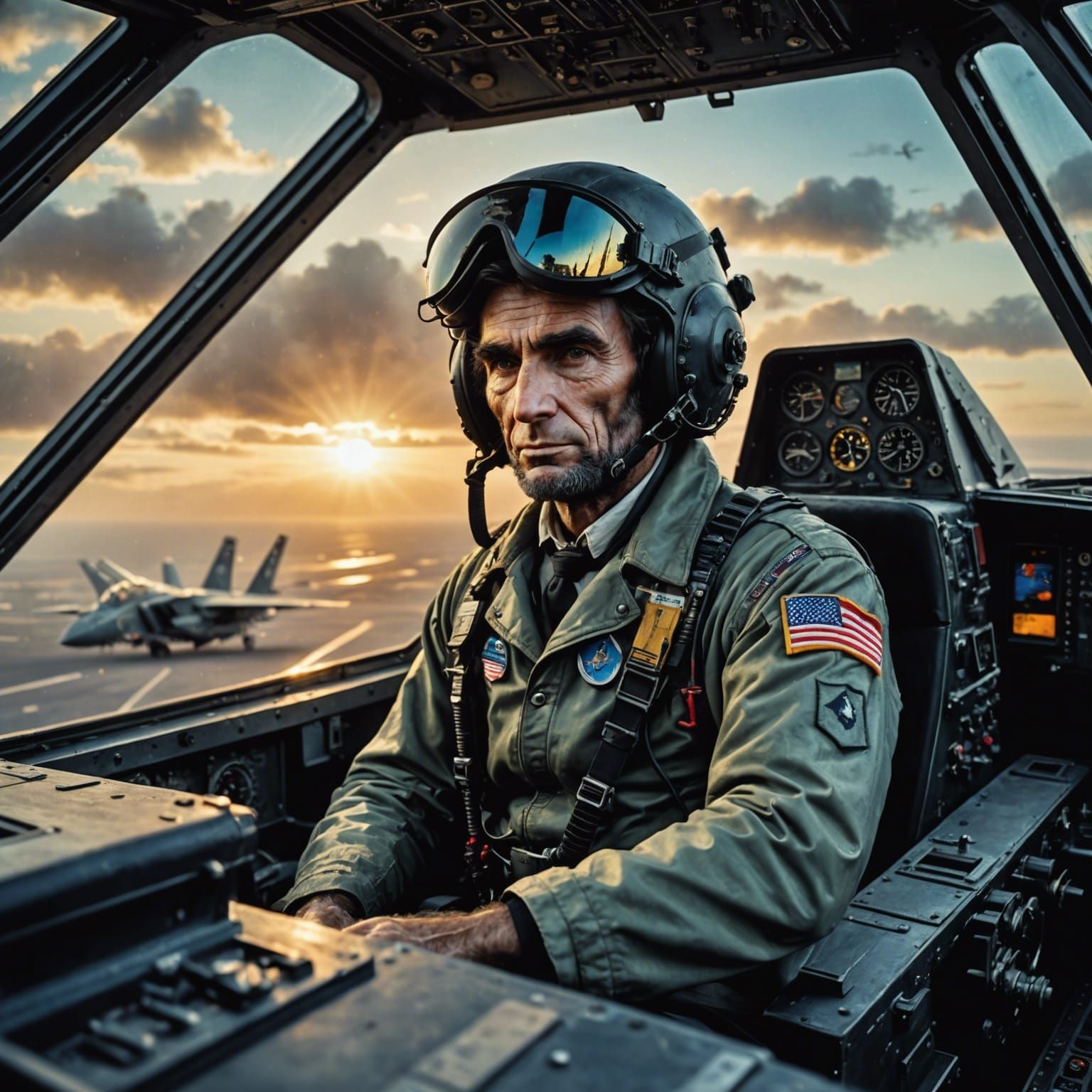Abraham Lincoln in cockpit of an F-14 Tomcat