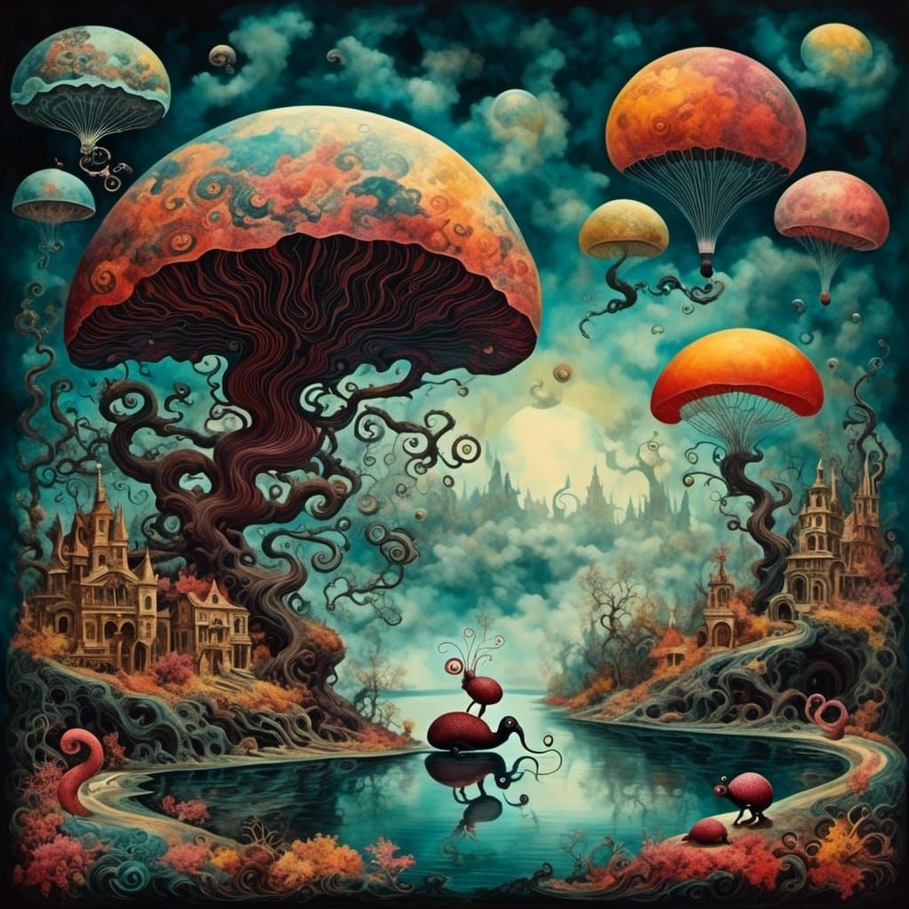 Surrealist Landscape with Fluid Skydivers in Rainbow Hues